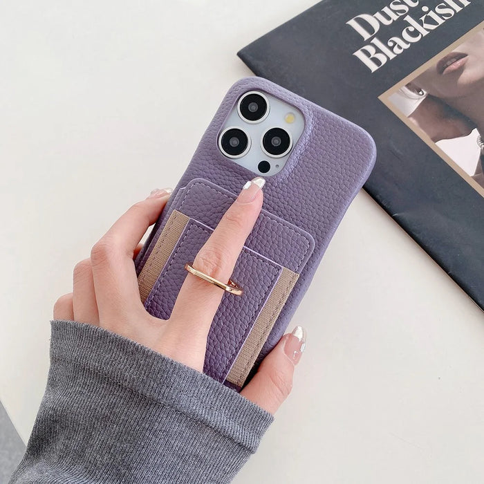 For iPhone 16 Pro Case Card Slots Kickstand PU Leather Back Cover with Ring Holder, Wrist Strap - Purple - 3