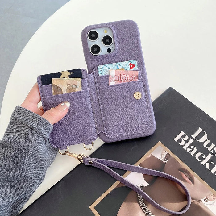 For iPhone 16 Pro Case Card Slots Kickstand PU Leather Back Cover with Ring Holder, Wrist Strap - Purple - 5