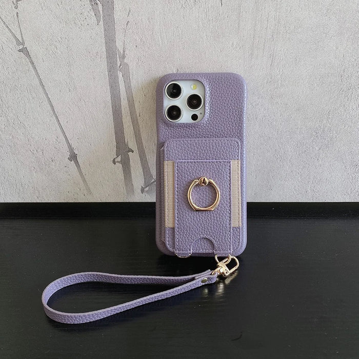 For iPhone 16 Pro Case Card Slots Kickstand PU Leather Back Cover with Ring Holder, Wrist Strap - Purple - 6