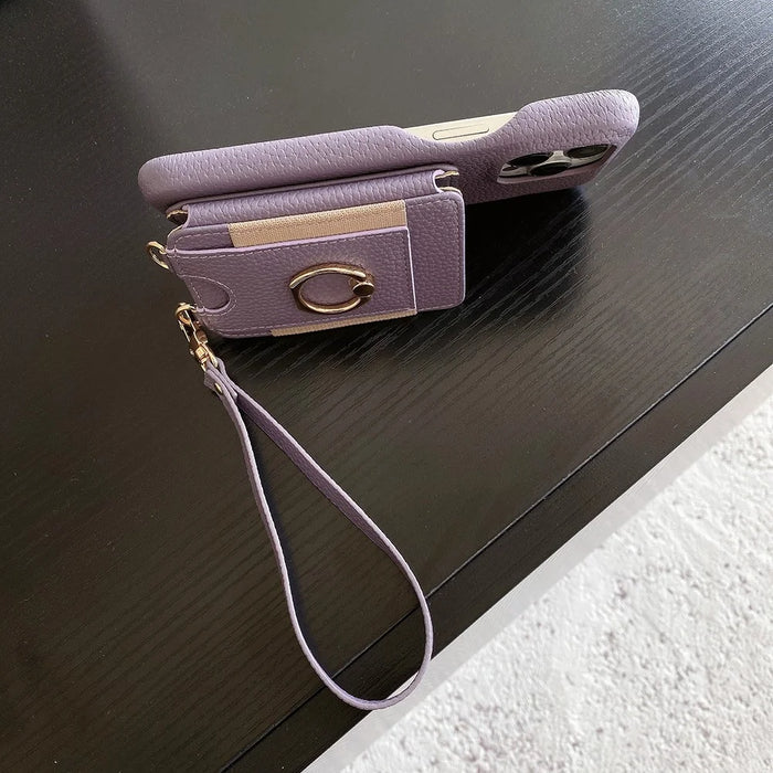 For iPhone 16 Pro Case Card Slots Kickstand PU Leather Back Cover with Ring Holder, Wrist Strap - Purple - 7