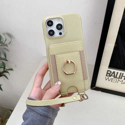 For iPhone 15 Pro Max Case Card Slots Kickstand PU Leather Back Cover with Ring Holder, Wrist Strap - Green - 1