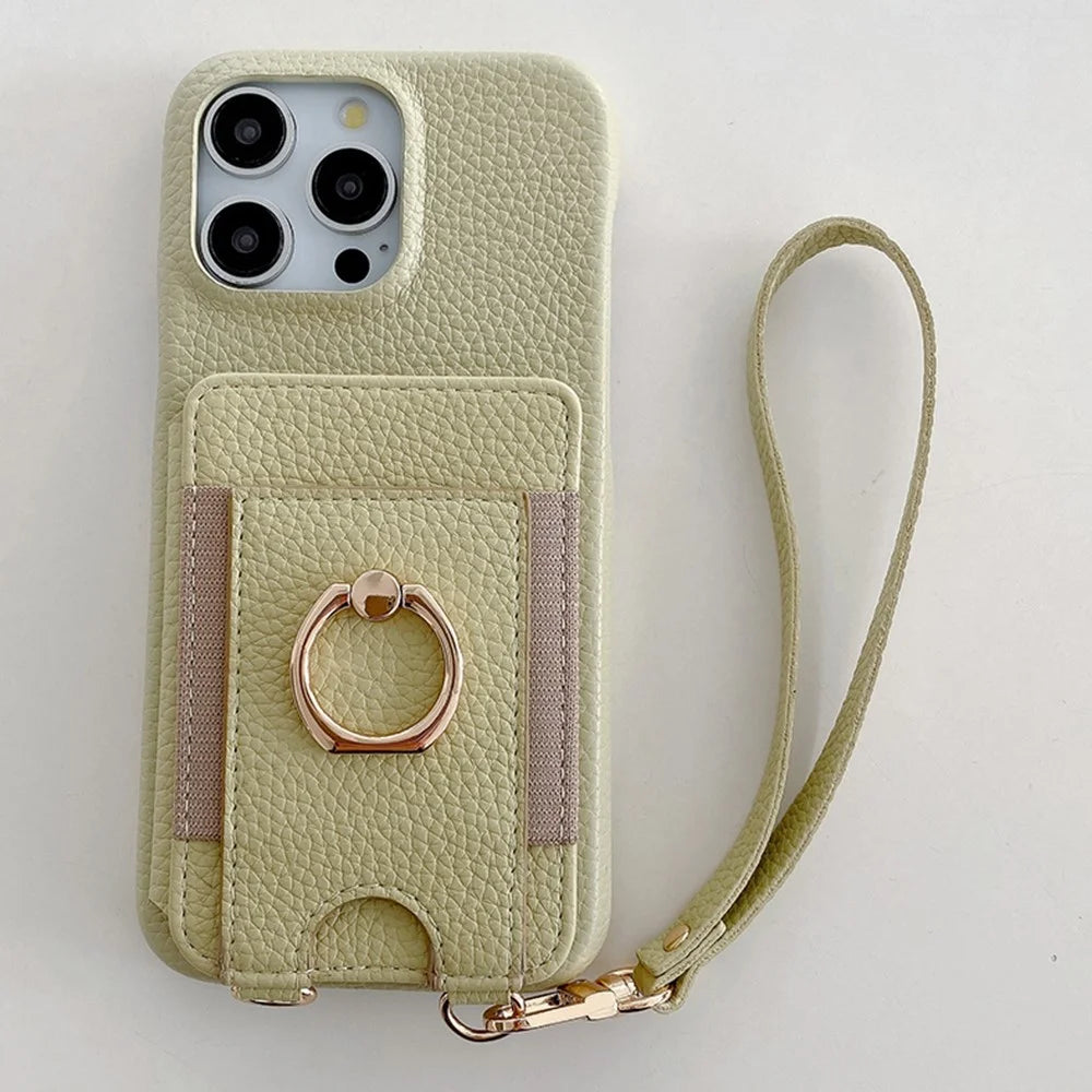 For iPhone 15 Pro Max Case Card Slots Kickstand PU Leather Back Cover with Ring Holder, Wrist Strap - Green - 2