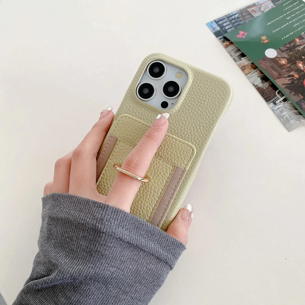 For iPhone 15 Pro Max Case Card Slots Kickstand PU Leather Back Cover with Ring Holder, Wrist Strap - Green - 3