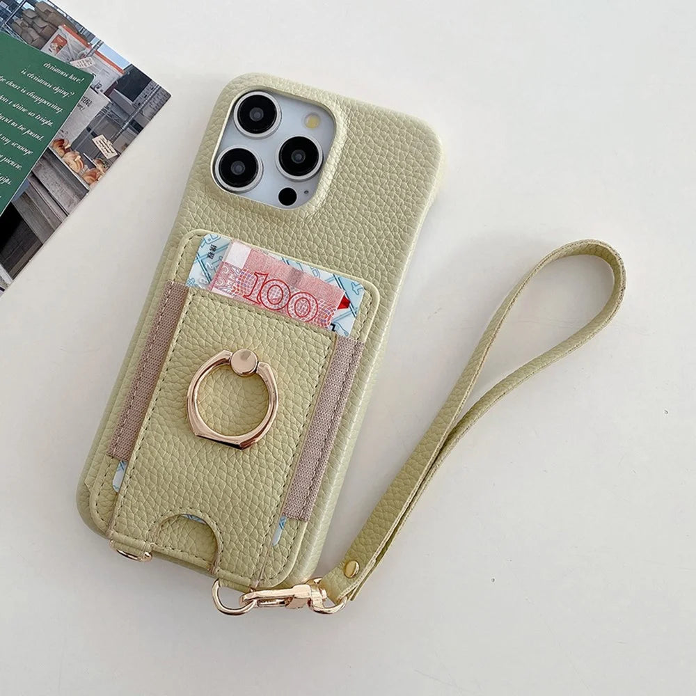 For iPhone 15 Pro Max Case Card Slots Kickstand PU Leather Back Cover with Ring Holder, Wrist Strap - Green - 4