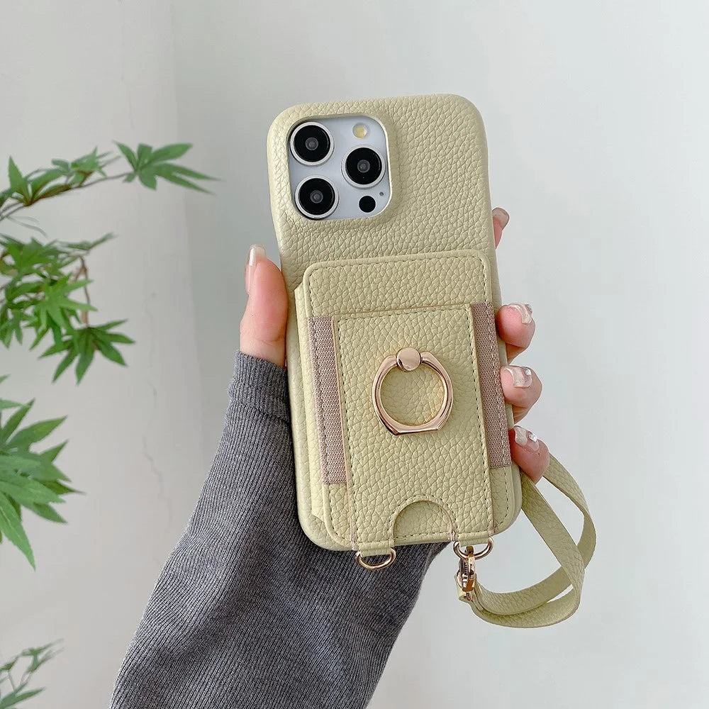 For iPhone 15 Pro Max Case Card Slots Kickstand PU Leather Back Cover with Ring Holder, Wrist Strap - Green - 6