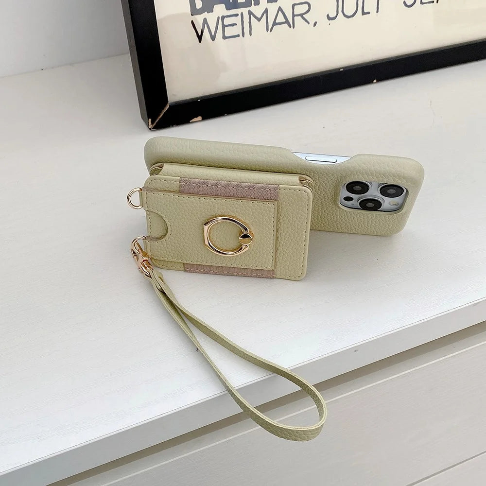 For iPhone 15 Pro Max Case Card Slots Kickstand PU Leather Back Cover with Ring Holder, Wrist Strap - Green - 7