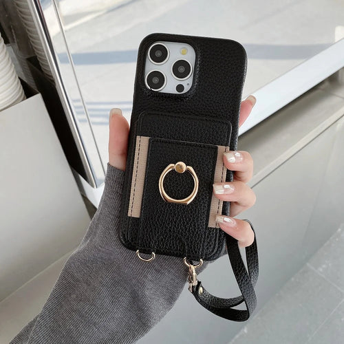 For iPhone 15 Pro Case Card Slots Kickstand PU Leather Back Cover with Ring Holder, Wrist Strap - Black - 1