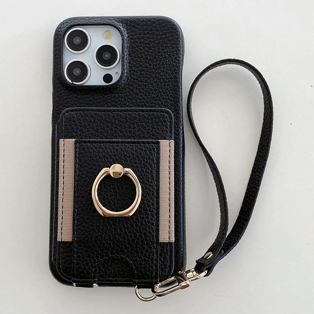 For iPhone 15 Pro Case Card Slots Kickstand PU Leather Back Cover with Ring Holder, Wrist Strap - Black - 2