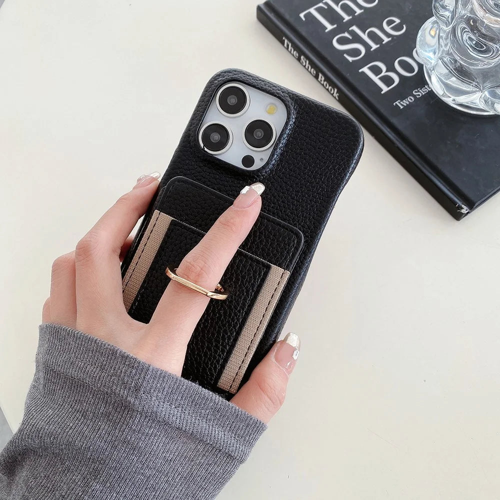 For iPhone 15 Pro Case Card Slots Kickstand PU Leather Back Cover with Ring Holder, Wrist Strap - Black - 3
