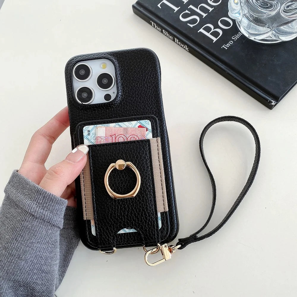 For iPhone 15 Pro Case Card Slots Kickstand PU Leather Back Cover with Ring Holder, Wrist Strap - Black - 4