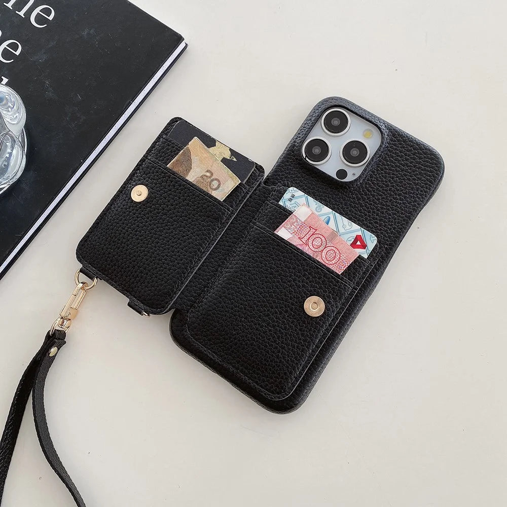 For iPhone 15 Pro Case Card Slots Kickstand PU Leather Back Cover with Ring Holder, Wrist Strap - Black - 5
