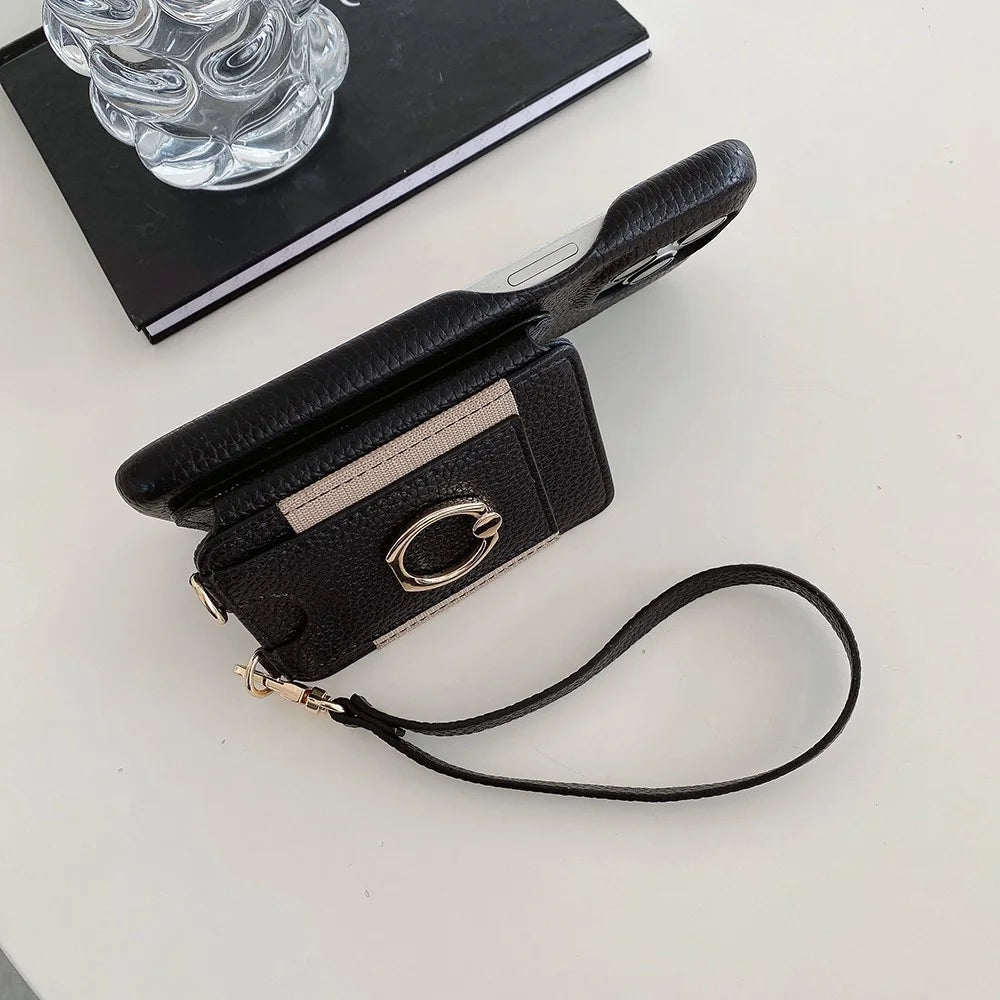 For iPhone 15 Pro Case Card Slots Kickstand PU Leather Back Cover with Ring Holder, Wrist Strap - Black - 6