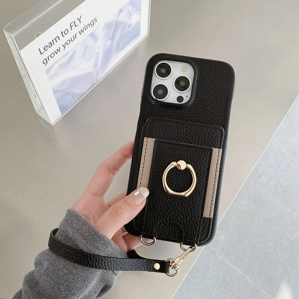 For iPhone 15 Pro Case Card Slots Kickstand PU Leather Back Cover with Ring Holder, Wrist Strap - Black - 7