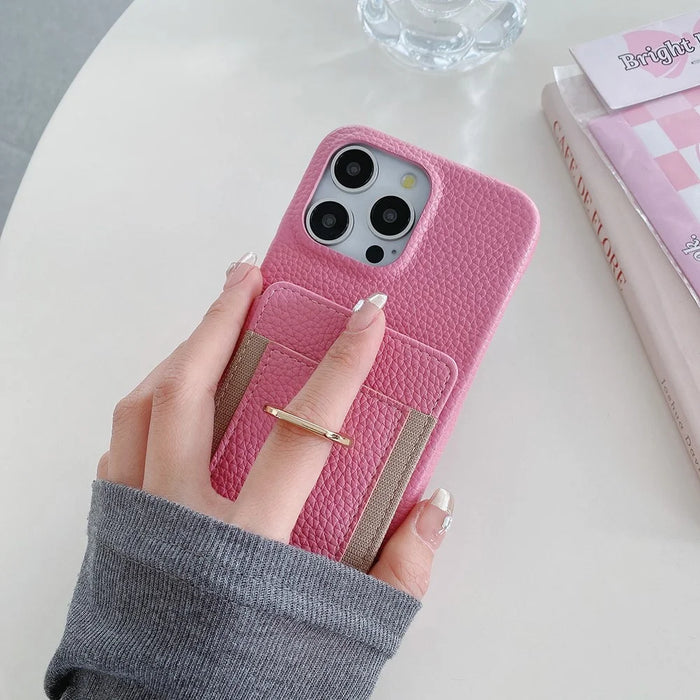 For iPhone 14 Pro Max Case Card Slots Kickstand PU Leather Back Cover with Ring Holder, Wrist Strap - Pink - 3