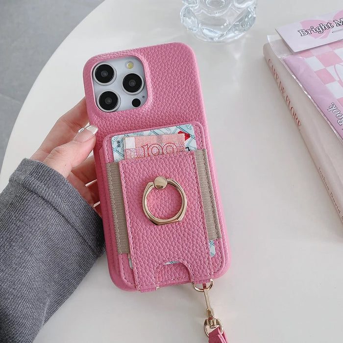 For iPhone 14 Pro Max Case Card Slots Kickstand PU Leather Back Cover with Ring Holder, Wrist Strap - Pink - 4
