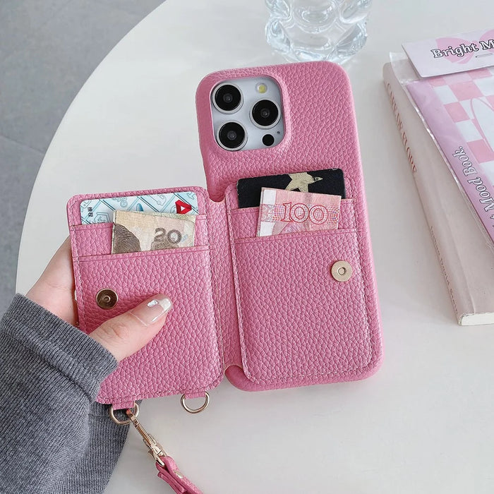 For iPhone 14 Pro Max Case Card Slots Kickstand PU Leather Back Cover with Ring Holder, Wrist Strap - Pink - 5