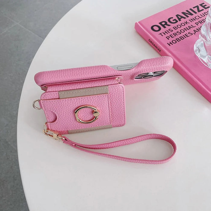 For iPhone 14 Pro Max Case Card Slots Kickstand PU Leather Back Cover with Ring Holder, Wrist Strap - Pink - 7