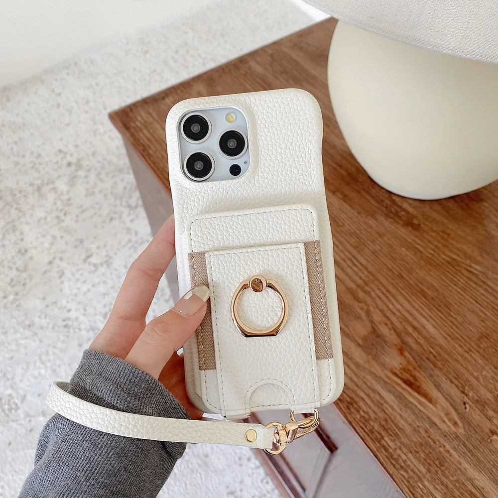 For iPhone 14 Pro Case Card Slots Kickstand PU Leather Back Cover with Ring Holder, Wrist Strap - White - 1