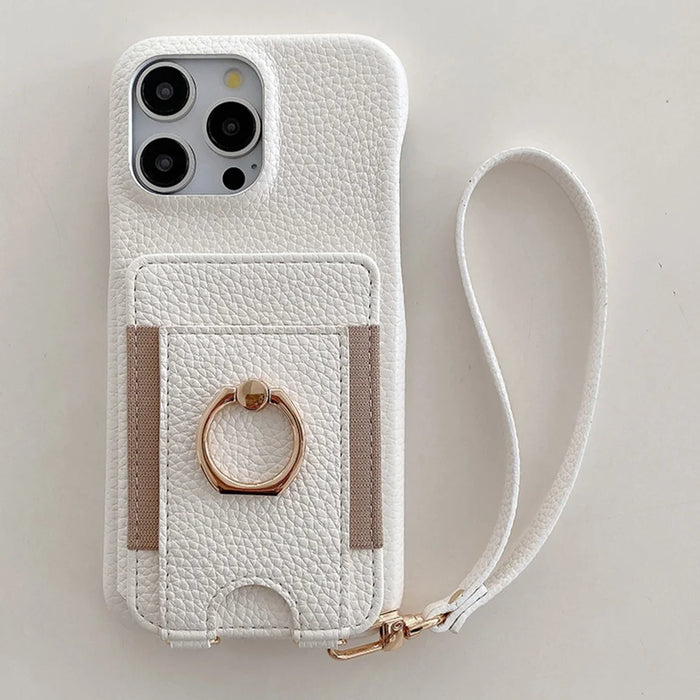 For iPhone 14 Pro Case Card Slots Kickstand PU Leather Back Cover with Ring Holder, Wrist Strap - White - 2
