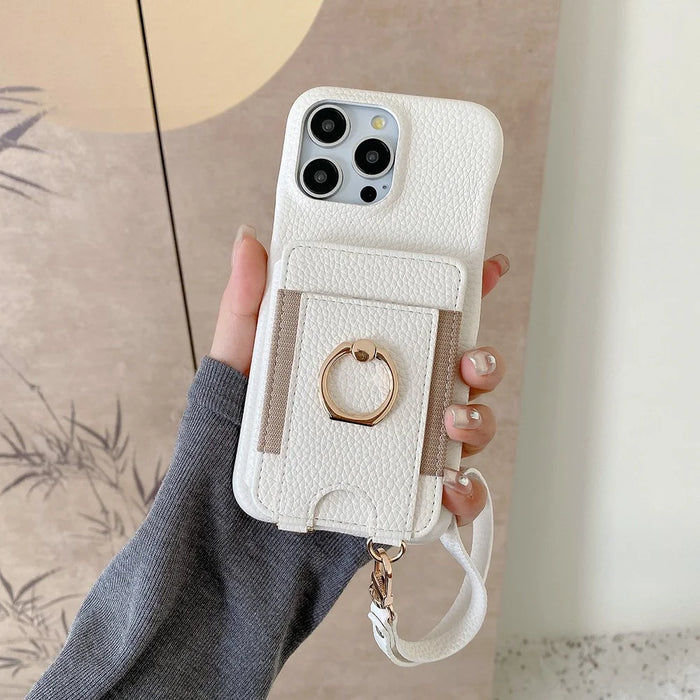 For iPhone 14 Pro Case Card Slots Kickstand PU Leather Back Cover with Ring Holder, Wrist Strap - White - 3