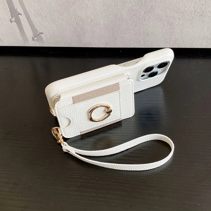 For iPhone 14 Pro Case Card Slots Kickstand PU Leather Back Cover with Ring Holder, Wrist Strap - White - 4