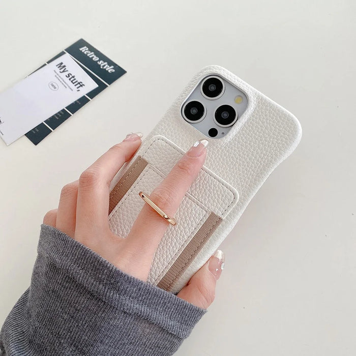 For iPhone 14 Pro Case Card Slots Kickstand PU Leather Back Cover with Ring Holder, Wrist Strap - White - 5