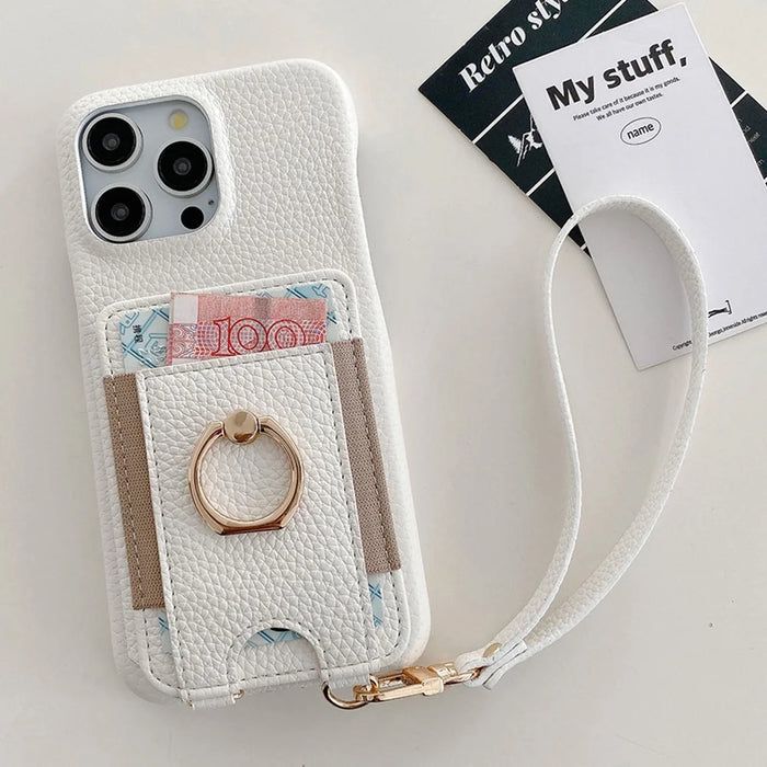 For iPhone 14 Pro Case Card Slots Kickstand PU Leather Back Cover with Ring Holder, Wrist Strap - White - 6