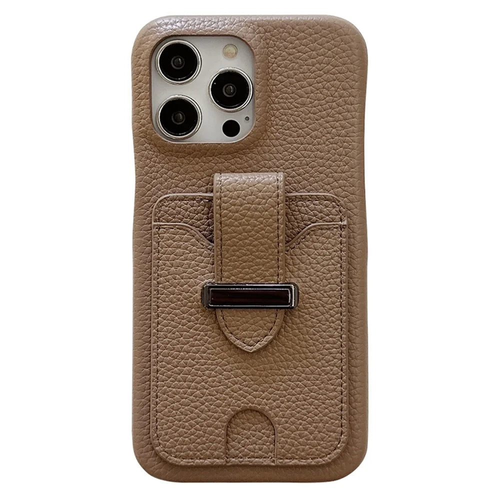 For iPhone 14 Pro Max Case with Card Slots Litchi Texture Leather + PET Phone Cover - Light Brown - 1