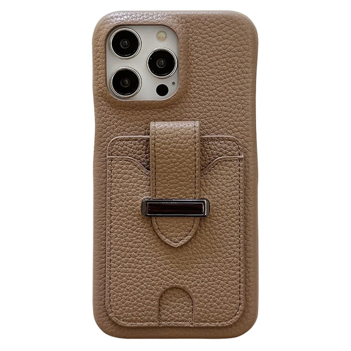 For iPhone 14 Pro Max Case with Card Slots Litchi Texture Leather + PET Phone Cover - Light Brown - 1