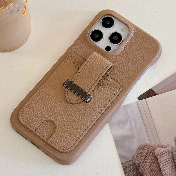 For iPhone 14 Pro Max Case with Card Slots Litchi Texture Leather + PET Phone Cover - Light Brown - 2