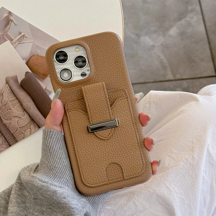 For iPhone 14 Pro Max Case with Card Slots Litchi Texture Leather + PET Phone Cover - Light Brown - 3