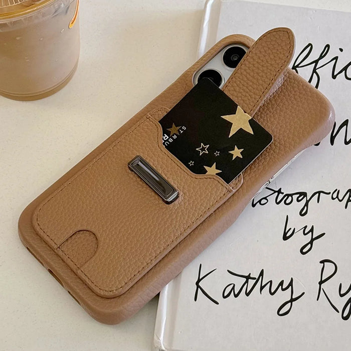 For iPhone 14 Pro Max Case with Card Slots Litchi Texture Leather + PET Phone Cover - Light Brown - 4