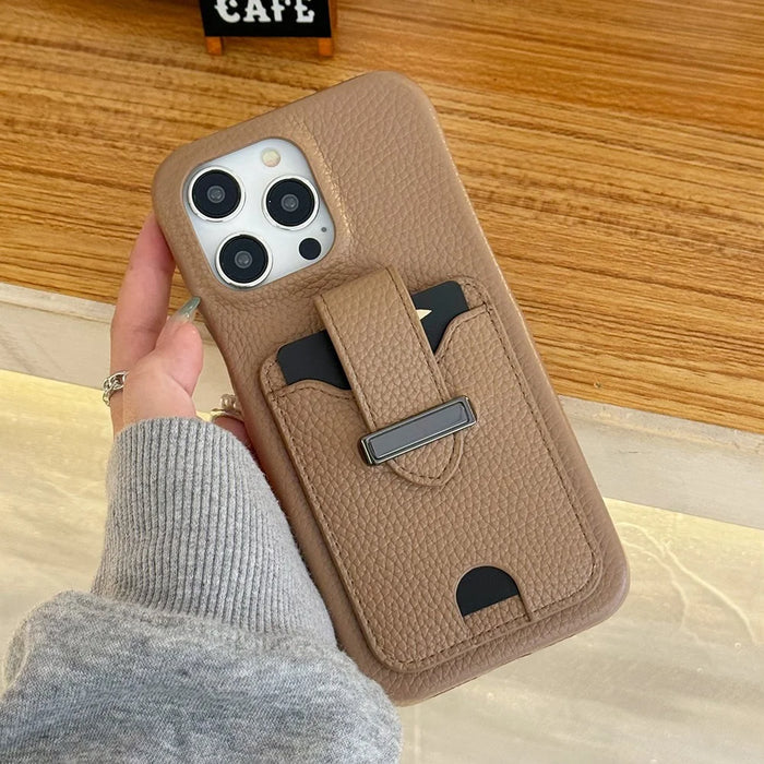 For iPhone 14 Pro Max Case with Card Slots Litchi Texture Leather + PET Phone Cover - Light Brown - 5