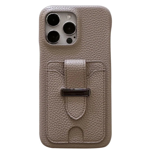For iPhone 15 Pro Max Case with Card Slots Litchi Texture Leather + PET Phone Cover - Grey - 1
