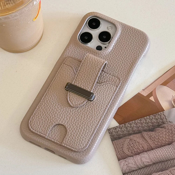 For iPhone 15 Pro Max Case with Card Slots Litchi Texture Leather + PET Phone Cover - Grey - 2