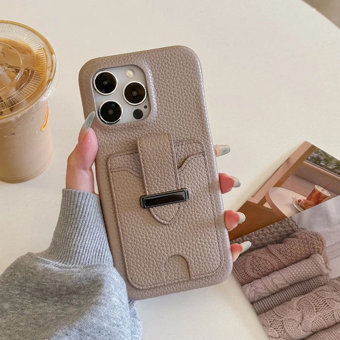 For iPhone 15 Pro Max Case with Card Slots Litchi Texture Leather + PET Phone Cover - Grey - 3