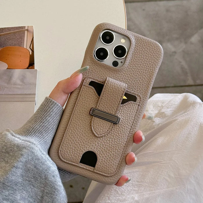 For iPhone 15 Pro Max Case with Card Slots Litchi Texture Leather + PET Phone Cover - Grey - 4