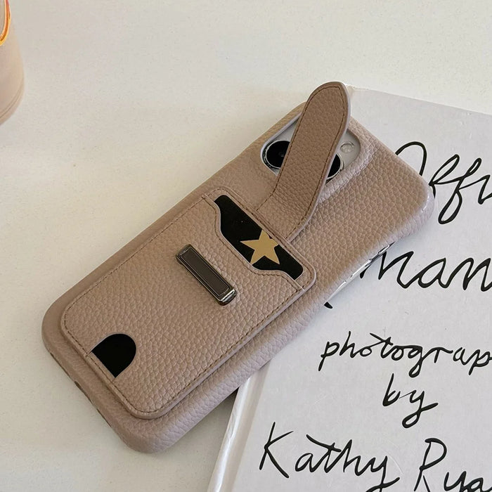 For iPhone 15 Pro Max Case with Card Slots Litchi Texture Leather + PET Phone Cover - Grey - 5