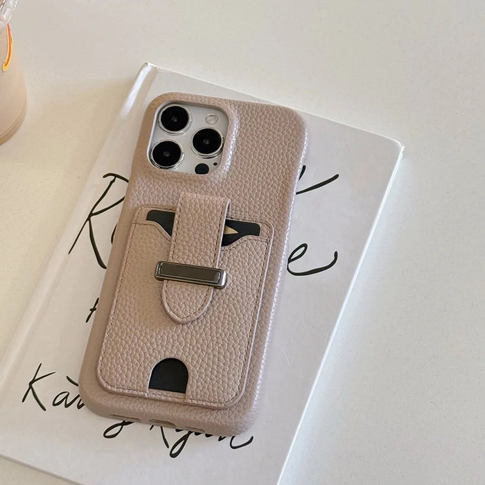For iPhone 15 Pro Max Case with Card Slots Litchi Texture Leather + PET Phone Cover - Grey - 6