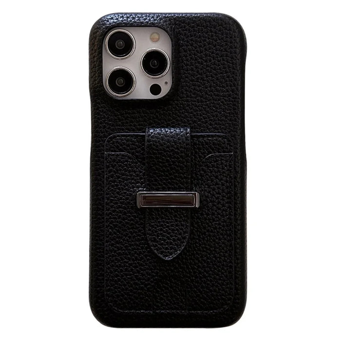 For iPhone 15 Pro Case with Card Slots Litchi Texture Leather + PET Phone Cover - Black - 1