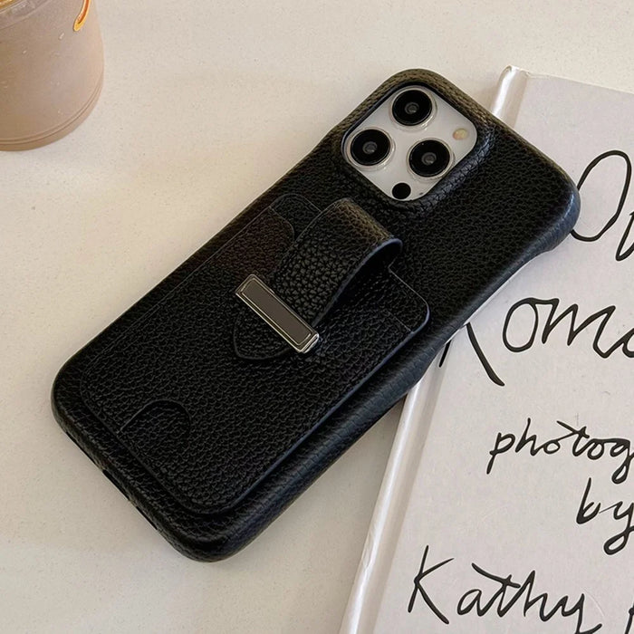 For iPhone 15 Pro Case with Card Slots Litchi Texture Leather + PET Phone Cover - Black - 2