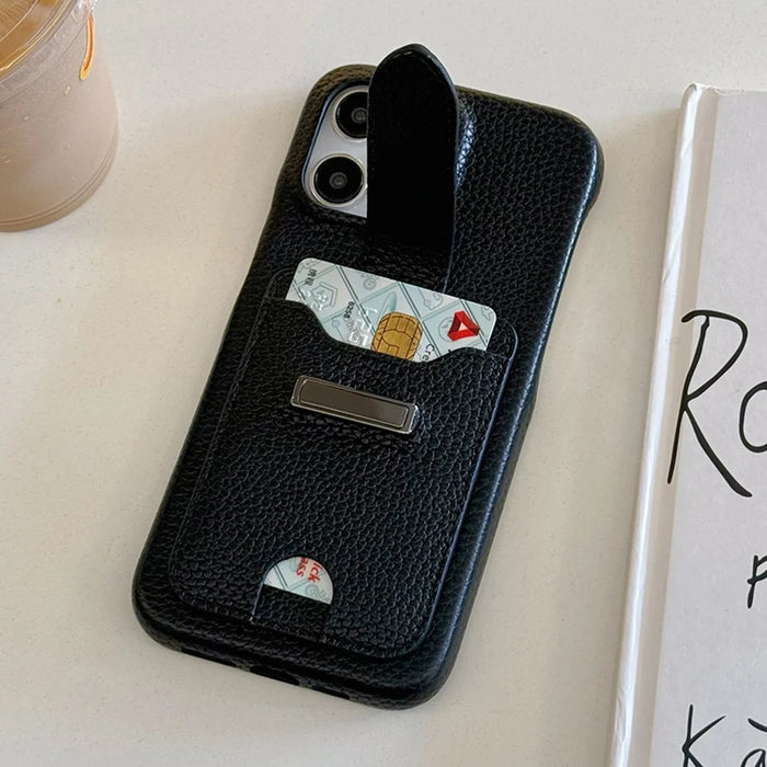For iPhone 15 Pro Case with Card Slots Litchi Texture Leather + PET Phone Cover - Black - 5