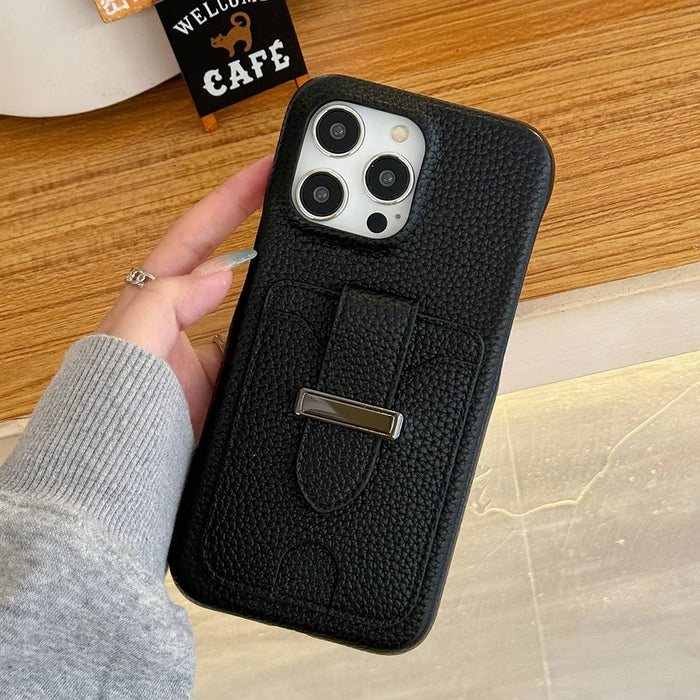 For iPhone 15 Pro Case with Card Slots Litchi Texture Leather + PET Phone Cover - Black - 6