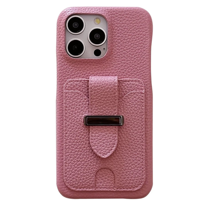 For iPhone 16 Pro Max Case with Card Slots Litchi Texture Leather + PET Phone Cover - Pink - 1