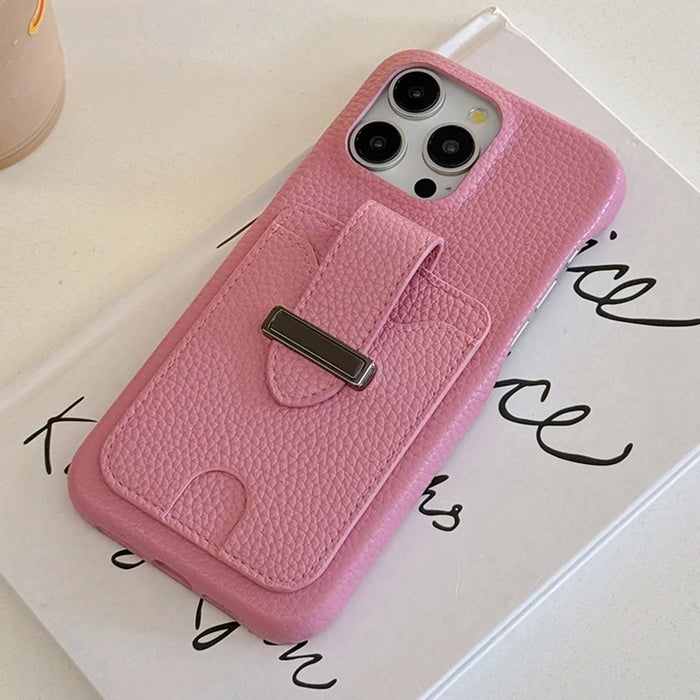 For iPhone 16 Pro Max Case with Card Slots Litchi Texture Leather + PET Phone Cover - Pink - 2