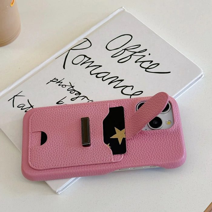 For iPhone 16 Pro Max Case with Card Slots Litchi Texture Leather + PET Phone Cover - Pink - 3