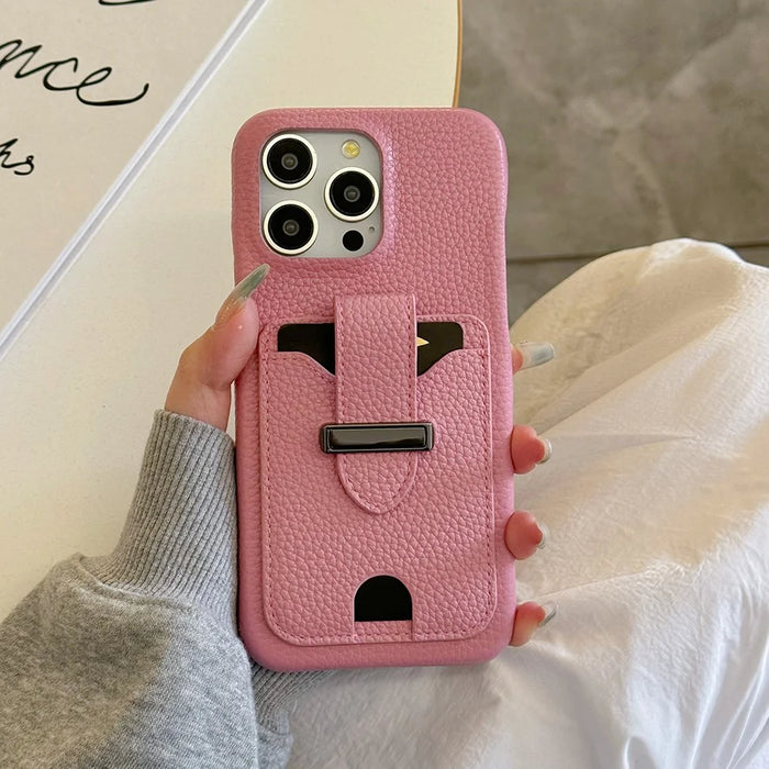 For iPhone 16 Pro Max Case with Card Slots Litchi Texture Leather + PET Phone Cover - Pink - 4