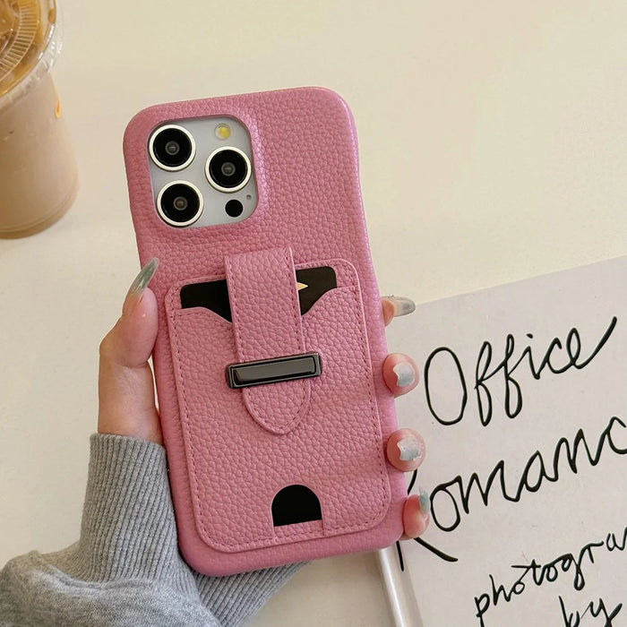 For iPhone 16 Pro Max Case with Card Slots Litchi Texture Leather + PET Phone Cover - Pink - 5