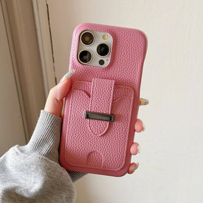 For iPhone 16 Pro Max Case with Card Slots Litchi Texture Leather + PET Phone Cover - Pink - 7