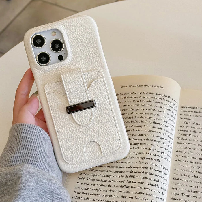For iPhone 16 Pro Case with Card Slots Litchi Texture Leather + PET Phone Cover - White - 2